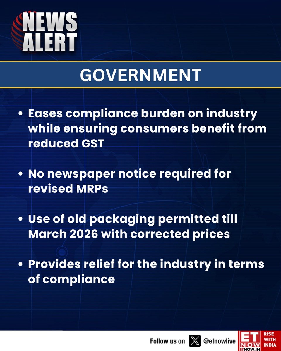 ETNOWlive's tweet photo. #NewsAlert | Government: Eases compliance burden on industry while ensuring consumers benefit from reduced GST
#GST #FMCG #ConsumerBenefit #ComplianceRelief #IndustryUpdate #PriceRevision #TaxUpdate https://t.co/cIYx21HCfW