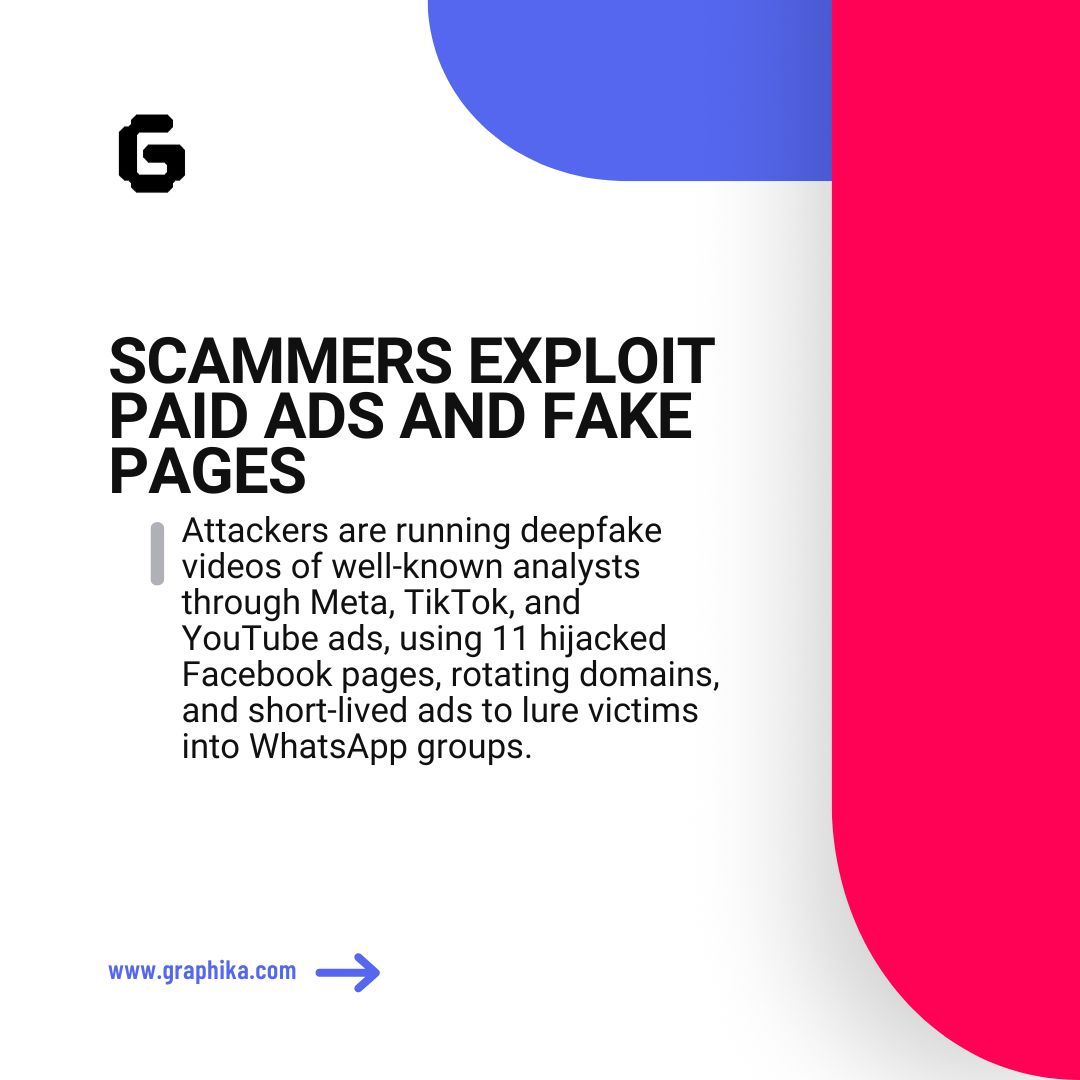 Graphika_NYC's tweet image. Scammers are using deepfake videos of financial analysts in paid ads.

Hijacked FB pages
Rotating domains
WhatsApp scam groups

Victims face fake investment advice, malware, &amp;amp; financial loss.

Read full analysis: buff.ly/MZCFIen