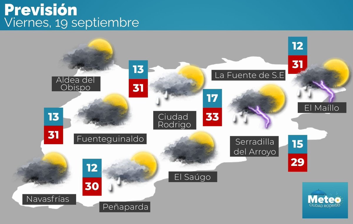 Mañana en la comarca de #CiudadRodrigo ambiente más inestable con cielos semicubiertos 🌤y probabilidad de tormentas⚡️ y chubascos 🌦débiles por la tarde. Las temperaturas, aún cálidas 👇