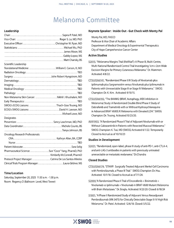 As a GU #medonc, I never imagined I’d be on the schedule for the #Melanoma Committee at <a href="/SWOG/">SWOG Cancer Research Network</a> —but here we are! A million thanks to #melanoma cmte chair <a href="/DrSapnaPatel/">Sapna Patel</a> for the kind invite. 

I’m thrilled to be giving a talk on the microbiome in oncology, spotlighting work by