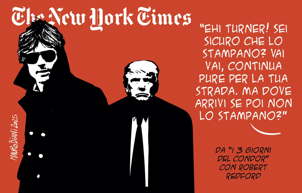 #libertàdistampa #bavaglio 
#Trump fa causa al New York Times <a href="/nytimes/">The New York Times</a> per 15 miliardi di dollari. short-url.org/1ax5l
La vignetta da #itregiornidelcondor #ThreeDaysOfTheCondor con #RobertRedford e il ruolo della libera stampa.
Oggi per <a href="/repubblica/">Repubblica</a>