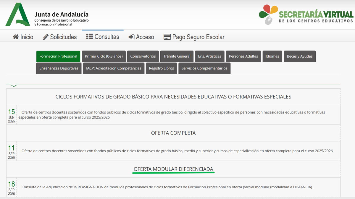 ¿ Solicitaste en junio algún módulo en oferta modular virtual (distancia)? Puedes consultar la reasignación de módulos y completar tu matrícula desde la Secretaría Virtual. <a href="/EducaAnd/">Consejería Desarrollo Educativo y FP</a> 
🔗Consulta: juntadeandalucia.es/educacion/secr…
🔗 Matrícula hasta 24 de septiembre: juntadeandalucia.es/educacion/secr…