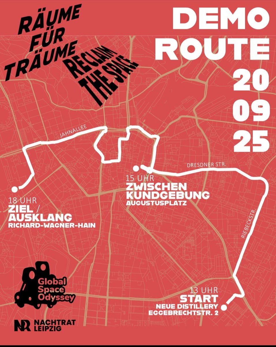 Am kommenden Samstag, den 20.09., zieht auch wieder die Global Space Odyssey X NachtRat Leipzig - GSO - Demo durch LE. Alle Kulturakteur:innen u interessierten Menschen sind ❤️ eingeladen, ein lautstarkes Zeichen für die Bedeutung einer vielfältigen Kulturlandschaft in Leipzig zu