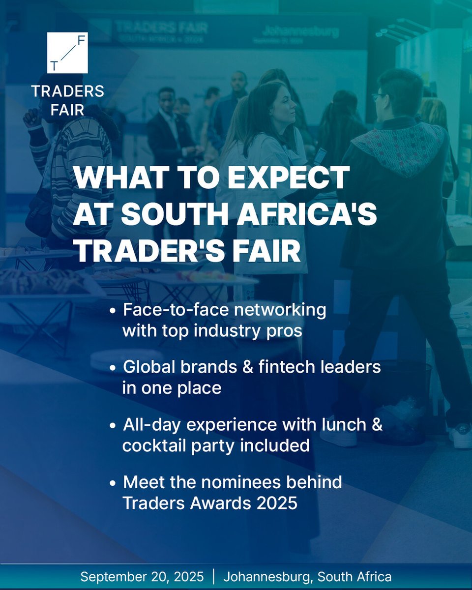 Where global trading meets South Africa?

 📍 September 20, 2025 | Johannesburg

Since 2018, Traders Fair has grown into a worldwide series uniting the trading community across Asia, Africa, and beyond. Now it returns to Johannesburg with a full day of learning, networking, and