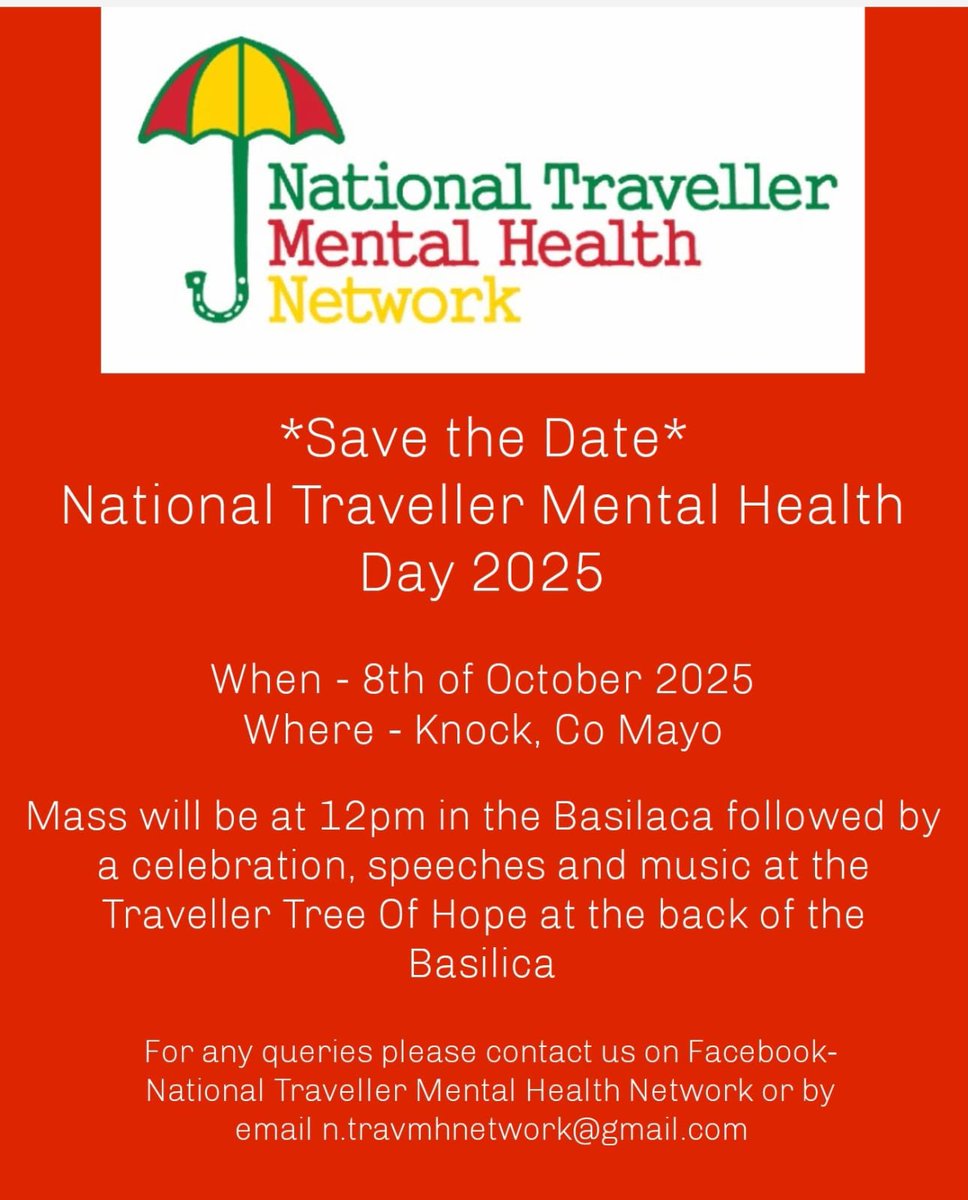 National Traveller Mental Health Network (@travellersmh) on Twitter photo Save the date mass of no shrine for all the Irish Travellers lost by suicide.
Knuck basilica 12:00 noon mass all welcome!!!
Please contact n.travmhnetwork@gmail.com for more information. Save the date mass of no shrine for all the Irish Travellers lost by suicide.
Knuck basilica 12:00 noon mass all welcome!!!
Please contact n.travmhnetwork@gmail.com for more information.