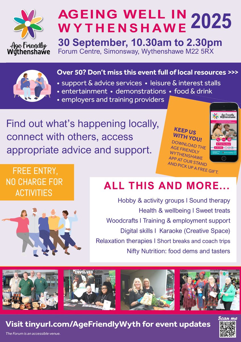 MCCWythenshawe's tweet image. Over 50? Then why not pop down to the Aging Well in Wythenshawe event on the 30th September 10.30am to 2.30pm at Wythenshawe Forum.
 There&apos;ll be lots to see and do from support and advice to fun activities,  food drink, entertainment and much more. See below for more info👇