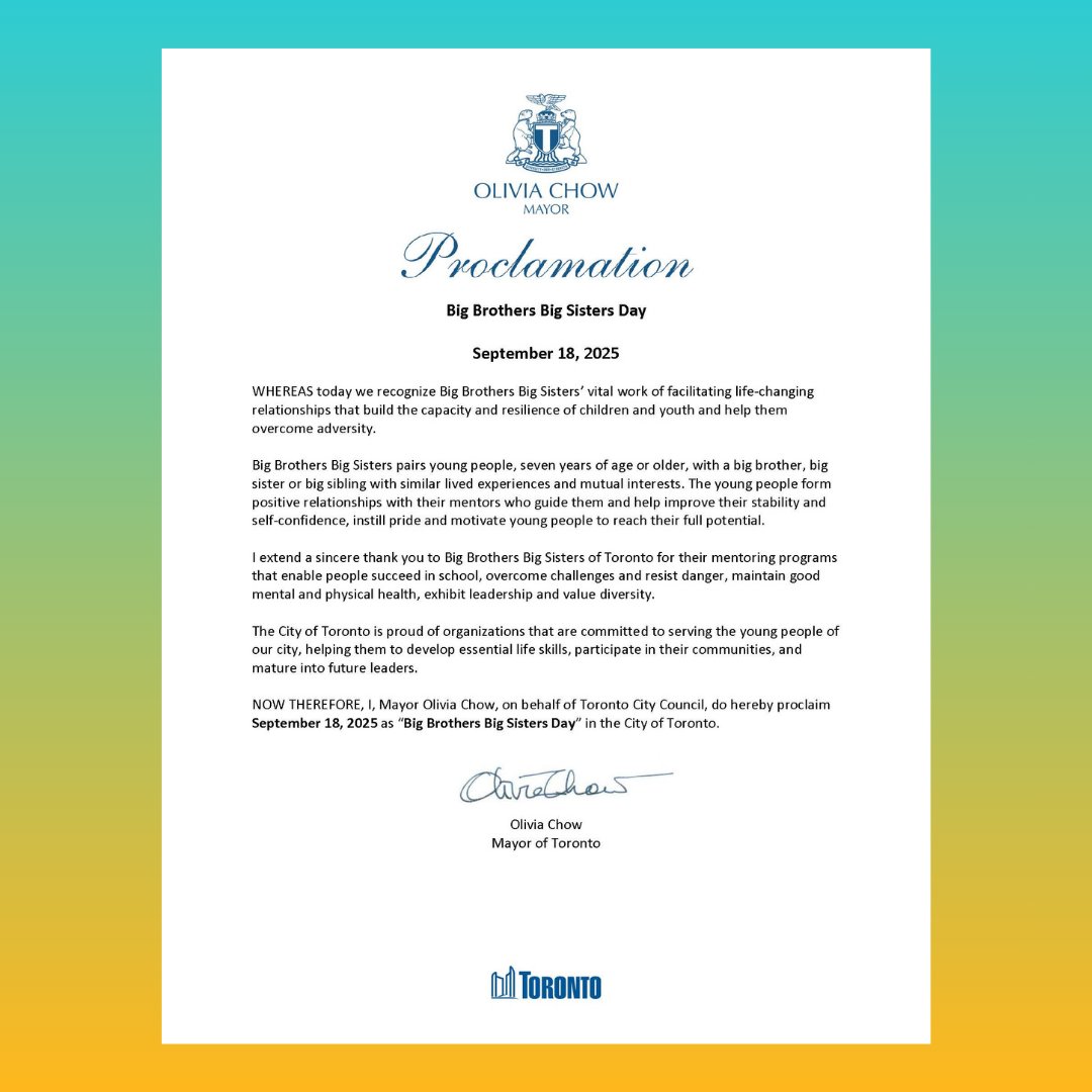 Today is Big Brothers Big Sisters Day!💚🥳 

Thank you to <a href="/oliviachow/">Olivia Chow</a> and <a href="/cityoftoronto/">City of Toronto 🇨🇦</a> for recognizing this occasion, and our amazing community for supporting youth mentorship.

#BBBSMonth #MentorshipMatters