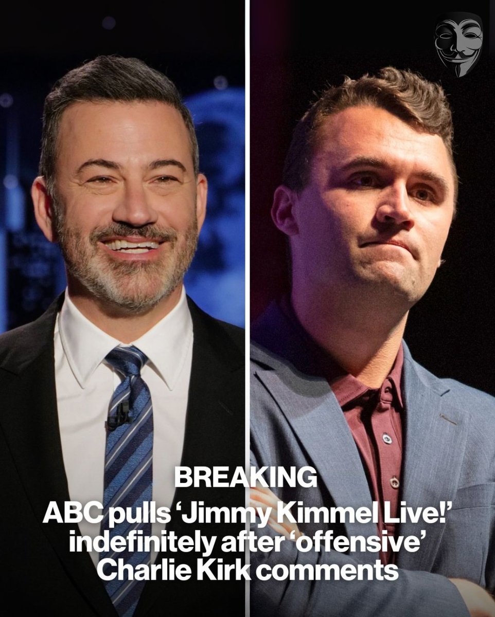anonymousgroupx's tweet image. ABC has suspended “Jimmy Kimmel Live!” indefinitely after the host made controversial remarks about the tragedy of conservative activist Charlie Kirk. Kimmel accused Trump supporters of using the tragedy for political gain, which sparked strong backlash. Major broadcaster Nexstar…