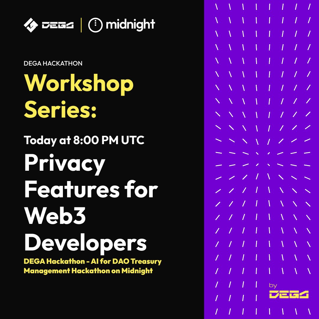 🔒 Privacy matters in Web3!

Tonight at 8 PM UTC, join Workshop 2: Privacy Tools for Web3 Developers as part of the AI for DAO Treasury Management Hackathon on <a href="/MidnightNtwrk/">Midnight</a>.

💰 $8K prize pool (Sept 22–29)

🎥 Watch live: youtube.com/@DEGA_org
📝 Register: