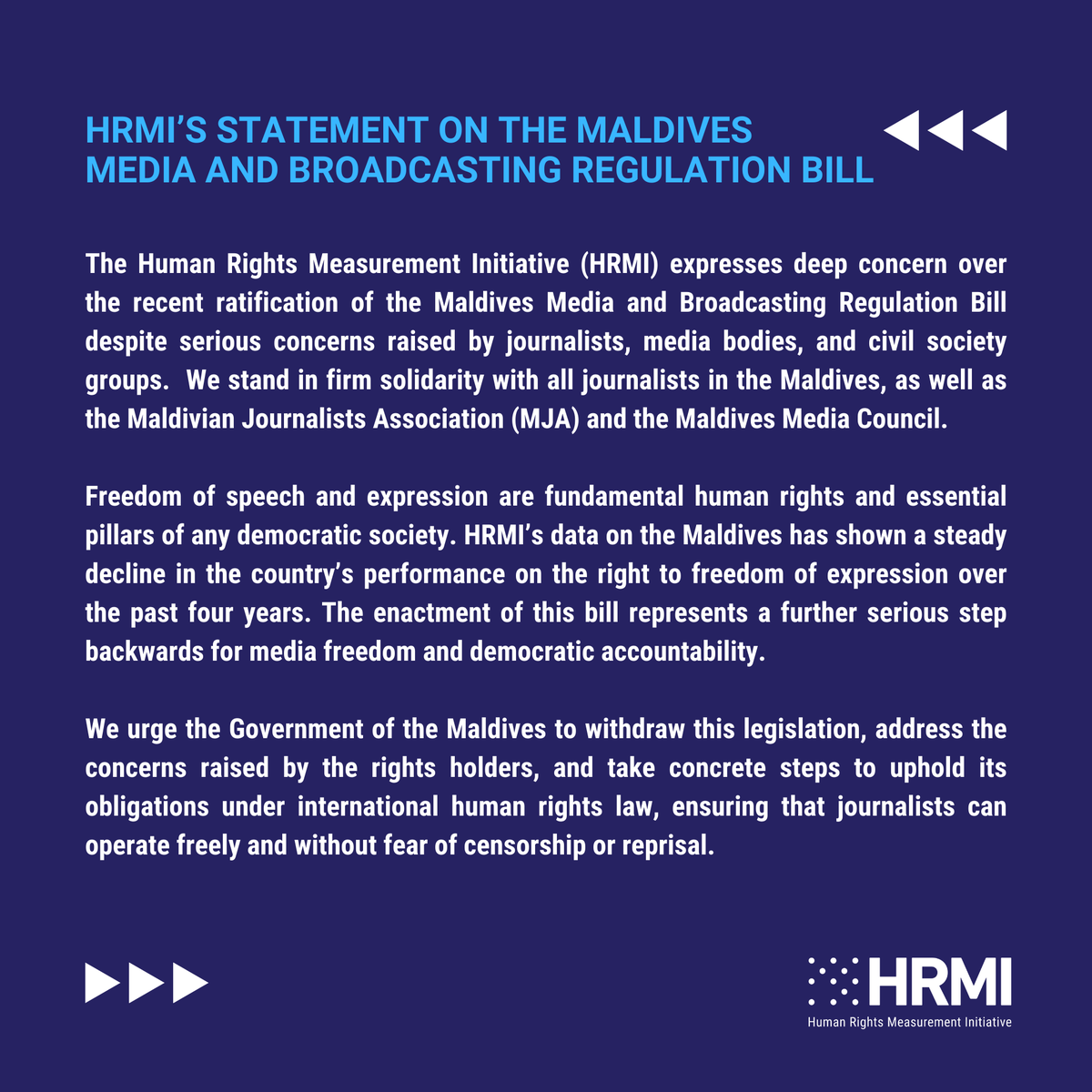 HRMI is deeply concerned by the Maldives' ratification of the Maldives Media and Broadcasting Regulation Bill. We stand in solidarity with Maldivian journalists, <a href="/mjamaldives/">Maldives Journalists Association</a>, and <a href="/mmc_mv/">Maldives Media Council</a>.