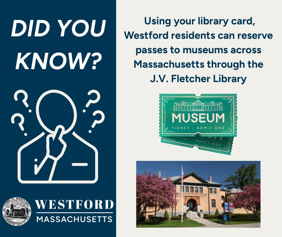 townwestfordma's tweet image. 🗂 Did You Know? 🗂
 Using your library card, Westford residents can reserve passes to museums across Massachusetts through the J.V. Fletcher Library! 🖼 
 Reserve yours here: dlvr.it/TN8PTV 
 Which museum will you visit first?
 #WestfordPerks #LibraryLove #ExploreMA