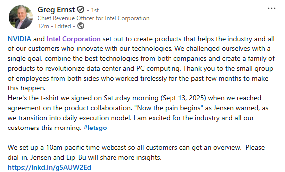 DylanOnChips's tweet photo. Intel Chief Revenue Officer Greg Ernst indicated in a LinkedIn post that the deal with Nvidia was in the works for the "past few months." The product agreement was reached on Sept. 13, five days ago. https://t.co/H3SO4nvYOG
