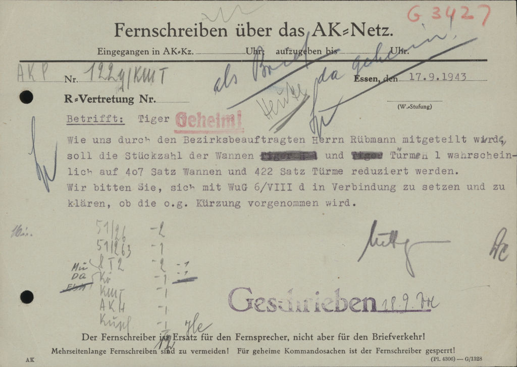 ティーガー1の車体と砲塔の発注数が車体407と砲塔422に削減される見込みだとRübmann氏から連絡があったが、上記の削減が実施されるかどうかについてWuG 6/VIII dに確認を求めるKruppのお手紙