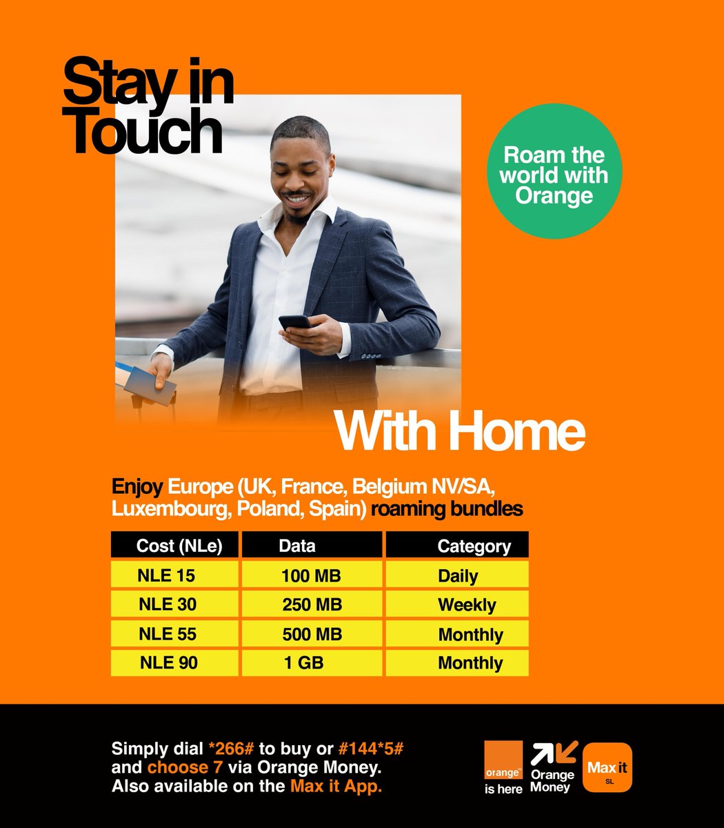 Stay in Touch With Home

Enjoy roaming throughout Europe with daily, weekly, and monthly bundles.

Simply dial *266# to buy or #144*5# and choose 7 via Orange Money.
Also available on the Max it App.

Click the link to download Max it:
myqrcode.mobi/qr/b2c14535/vi…