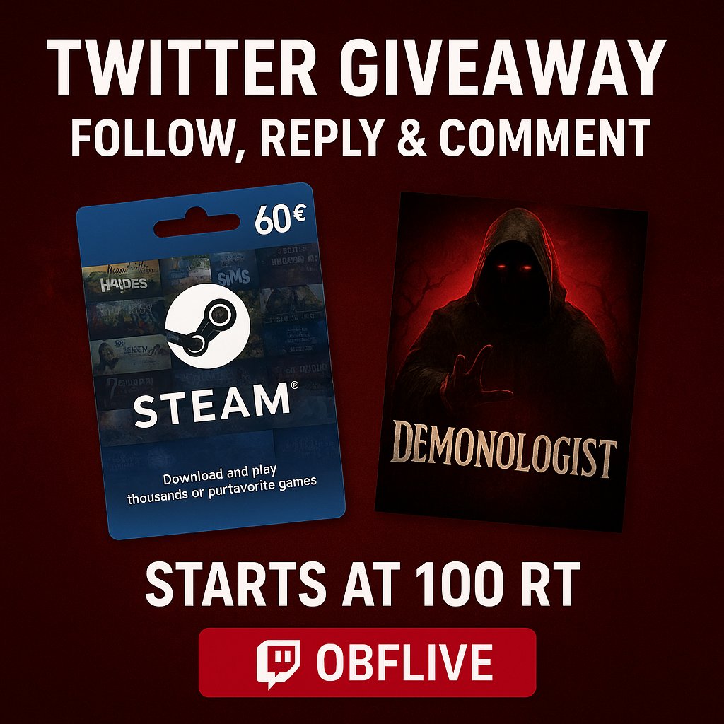 🚨 BIG GIVEAWAY 🚨

Zu gewinnen gibt’s:

💳 60€ Steam Gift Card
👻 Das neue Horror-Game Demonologist

✨ Teilnahme ist easy:

1️⃣ Folge mir hier auf Twitter
2️⃣Folge meinem Twitch 👉 twitch.tv/OBFLIVE
3️⃣ Like ❤️ &amp; RT 🔁 diesen Tweet (Start ab 100 RT)
4️⃣ Markiere einen Freund