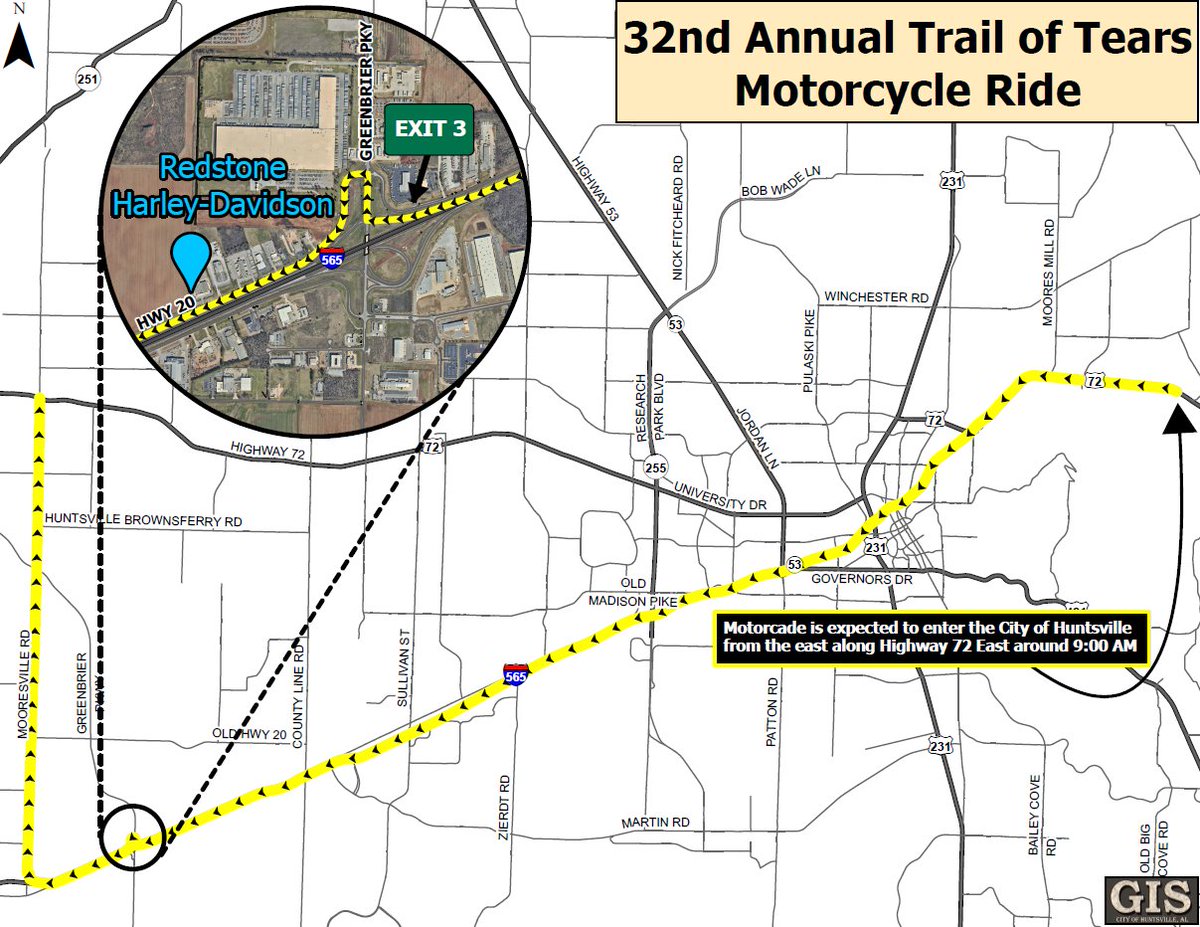 Huntsville Police (@hsvpolice) on Twitter photo ๐ง๐๐๐๐ ๐๐๐๐๐๐๐ ๐๐๐๐๐๐ง
The 32nd annual Trail of Tears Commemorative Motorcycle Ride will roll through #Huntsville this Saturday, Sept. 20.๐๏ธ
Drivers should expect delays on major roadways & I-565 from 9 a.m. to 1 p.m.
Full details here ๐ tinyurl.com/ys9syvpe ๐ง๐๐๐๐ ๐๐๐๐๐๐๐ ๐๐๐๐๐๐ง
The 32nd annual Trail of Tears Commemorative Motorcycle Ride will roll through #Huntsville this Saturday, Sept. 20.๐๏ธ
Drivers should expect delays on major roadways & I-565 from 9 a.m. to 1 p.m.
Full details here ๐ tinyurl.com/ys9syvpe