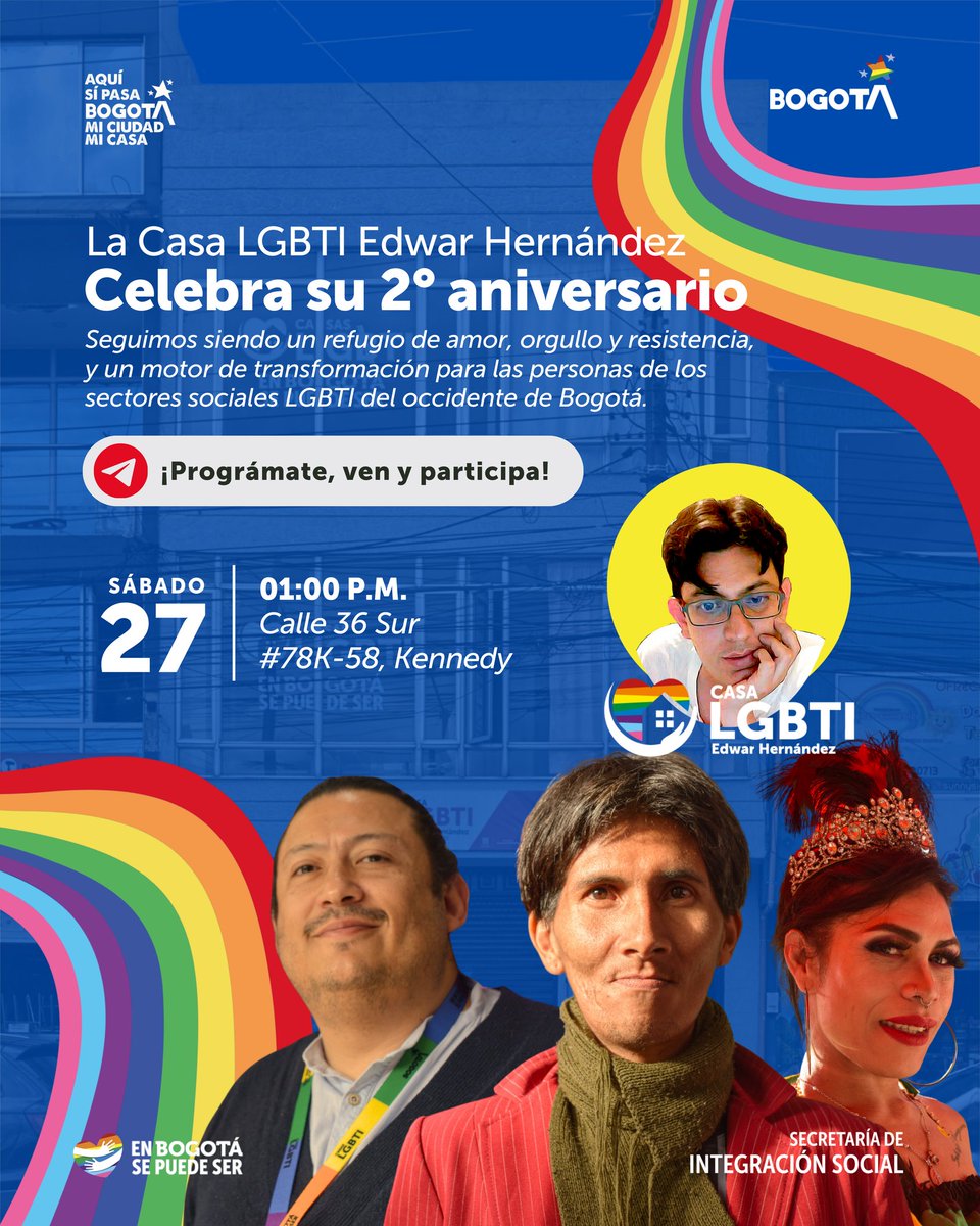 🌈✨ ¡Estamos de celebración! ✨🌈

La Casa LGBTI Edwar Hernández cumple 2 años siendo un refugio de amor, orgullo y resistencia 💜, y un motor de transformación para las personas de los sectores sociales LGBTI del occidente de Bogotá.

📅 Sábado 27 de septiembre
🕐 1:00 p.m.
📍