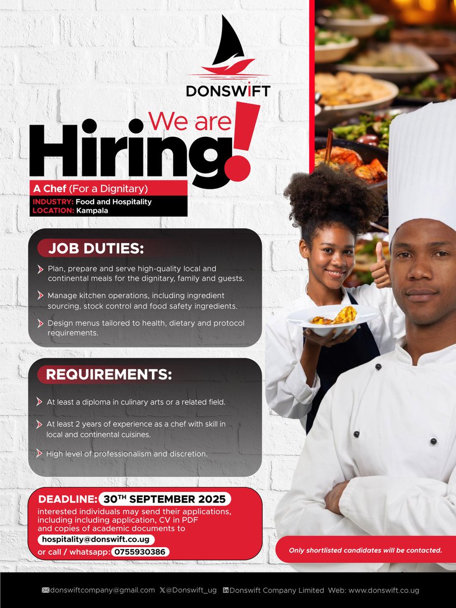 Donswift_ug's tweet image. We’re hiring!
Think you can plate excellence for a dignitary? From local to continental, your skills could be the secret ingredient we’re looking for

Apply Now👉 hospitality@donswift.co.ug
Deadline: 30th September,2025

For more info:donswift.co.ug/jobs/we-are-hi…

#Donswift #Hiring