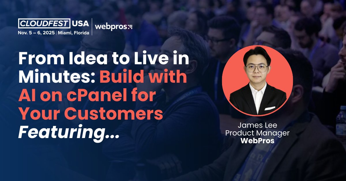 CloudFestUSA's tweet photo. Join James Lee, @WebPros, at #CloudFestUSA to see cPanel’s AI no-code builder turn ideas into websites &amp; apps fast. 

Reduce churn, boost activations &amp; unlock AI-driven growth for your hosting business.

See it live in Miami: https://t.co/bQtWLPnLC4 https://t.co/VDSUjQEvDB