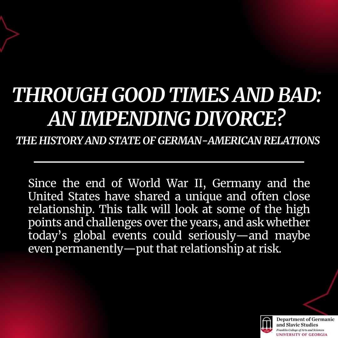 GSSatUGA's tweet photo. Join us for a talk with Dr. Andreas Etges!

A senior lecturer in American history at the University of Munich, the Cold War specialist has curated many exhibits on US history and is frequently interviewed on US politics, and transatlantic relations.

Find more information below! https://t.co/YkQDWKBgZf