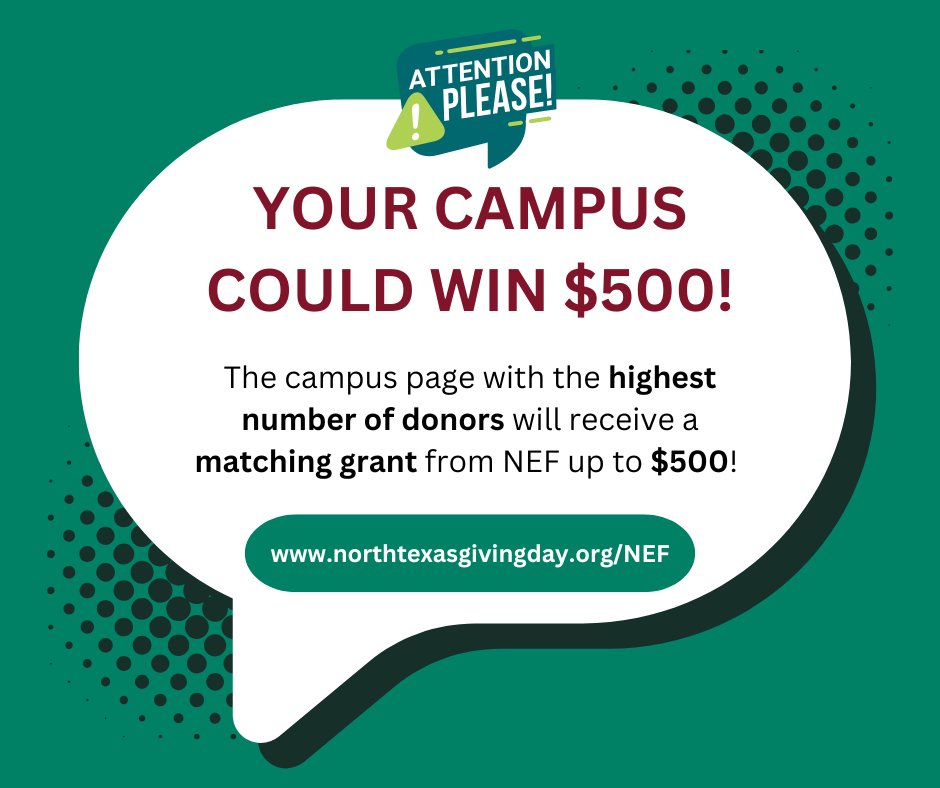 🎉 Matching Grant Alert! 🎉

This #NTxGivingDay, the <a href="/NorthwestISD/">Northwest ISD</a> campus with the MOST donors will have gifts MATCHED by NEF up to $500! 🙌

Find your campus and double your impact today: northtexasgivingday.org/NEF ❤️