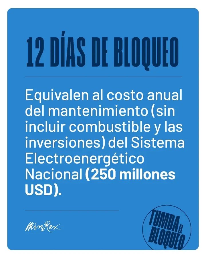 En solo 12 días, el bloqueo causa pérdidas de 250 millones USD: lo que #Cuba invierte en un año para sostener el sistema eléctrico. Es una agresión económica que sabotea la cotidianidad y penaliza la dignidad de nuestro pueblo. 

#TumbaElBloqueo
