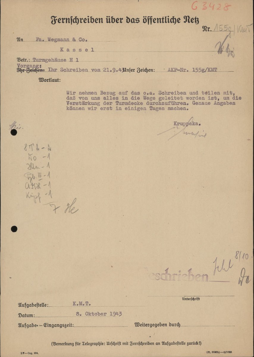 1943年9月21日の書簡を参照し、Tiger 1の砲塔天板を補強するために必要なすべての措置を開始したことを通知する10月8日のお手紙