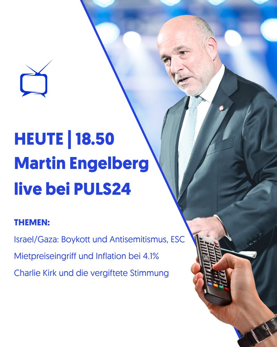 Bin heute Abend zu Gast in der Sendung „Beide Seiten Live“ auf Puls 24. Freue mich, wenn Sie um 18.50 Uhr  einschalten! 

Wir diskutieren zu folgenden Themen

- Israel/Gaza: Boykott und Antisemitismus, ESC 
- Mietpreiseingriff und Inflation bei 4.1%
- Charlie Kirk und die