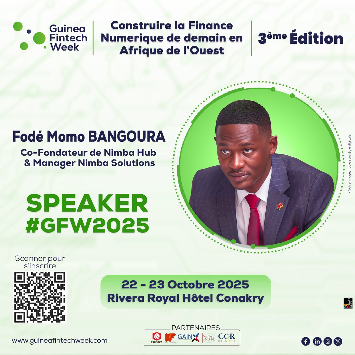 #GFW2025 accueille Fodé Momo BANGOURA, co-fondateur de Nimba Hub &amp; manager de Nimba Solutions.

Acteur clé de l’innovation en Guinée, il partagera sa vision sur le rôle des hubs &amp; solutions digitales dans la finance de demain.
📅 22-23 Oct, Conakry
#Fintech #Innovation #GFW2025