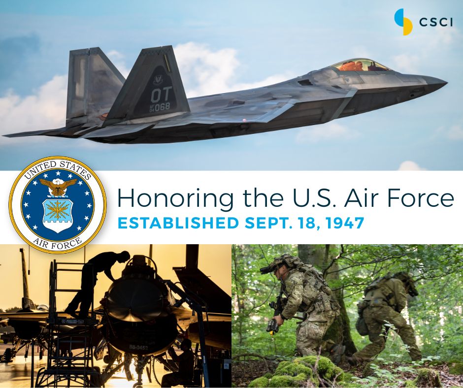 CSCIConsulting's tweet image. Since 1947, the United States Air Force has led the way in airpower, innovation, and defense of our nation. Today, we honor all who have served and are serving in the Air Force, including some of CSCI's own associates. Thank you for your service!
“Aim High … Fly-Fight-Win" ✈️