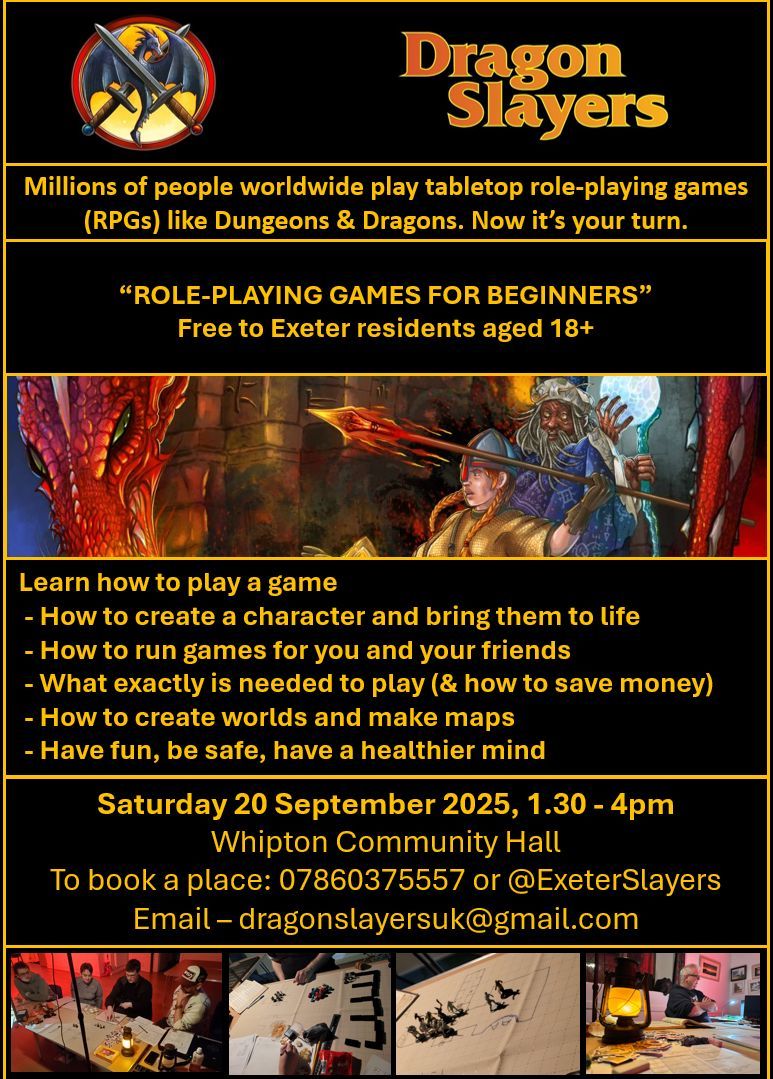 Final call for any #Exeter resident who's interested in learning about role-playing games and wants to learn more about them. There's a #Free workshop at #Whipton Community Hall on Saturday 20th September. See poster below for details. #ttrpg #dandd #devon #exetercitycouncil