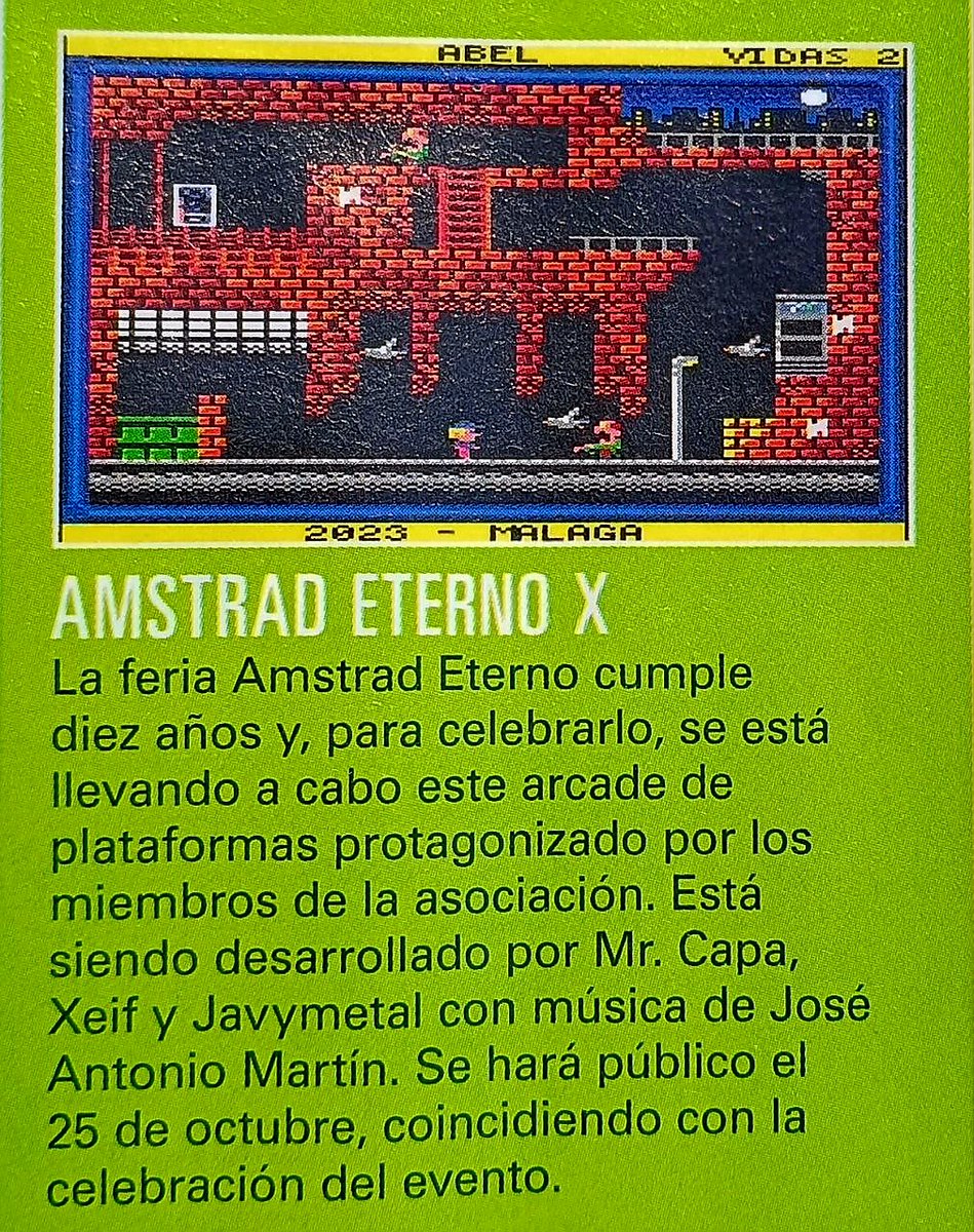 AmstradEterno's tweet image. ¡Ya es oficial! Para celebrar el décimo aniversario de #AmstradEterno, el 25 de octubre se publicará en físico (gracias a @star2024) el juego oficial de la feria desarrollado por @MrCapa_ @xeif_stk y @DefectoDigital, con música de @riskwood y portada de @ngeluisanchez.