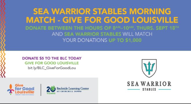 SeaWarriorStbls's tweet image. We&apos;re approaching the final turn! Help us get past the finish line and support the @Backside_LC&apos;s after-school program FRONT RUNNERS! #GiveForGoodLou
giveforgoodlouisville.org/organization/b…