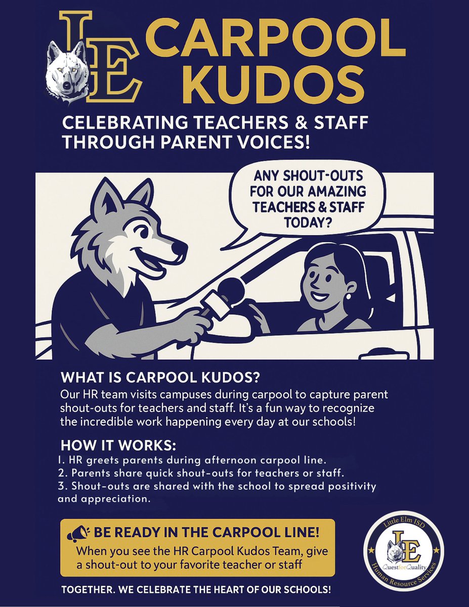 Carpool Kudos is back! 🎉
Starting next week, our HRS team will be out in car lines across Little Elm ISD capturing quick messages of appreciation for our amazing teachers &amp; staff. It’s a fun way to give “kudos” &amp; lift up our Lobo FamiLE!
#CarpoolKudos #LoboFamiLE #LEISD <a href="/leisd/">Little Elm ISD</a>