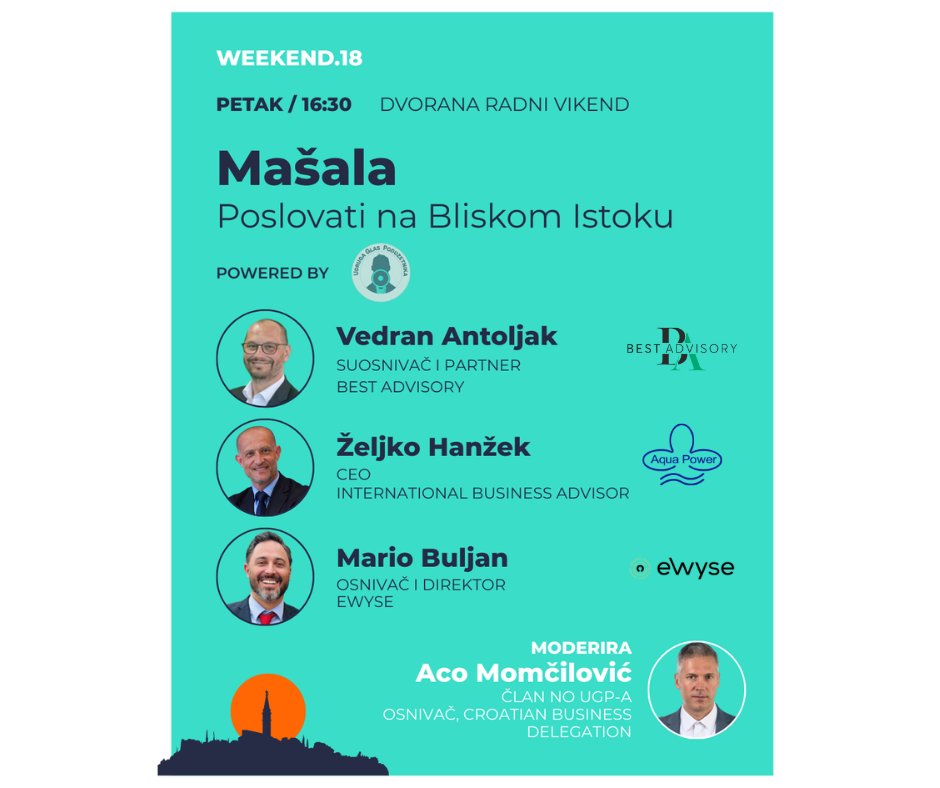 Udruga Glas poduzetnika na @Weekend Media Festivalu donosi panel „MAŠALA: Poslovati na Bliskom Istoku“ (19.9.2025., Rovinj).
Prilike, izazovi i strategije ulaska na tržišta Zaljeva – uz iskustva poduzetnika i stručnjaka. Vidimo se!

#UGP #WMF2025 #BusinessExpansion