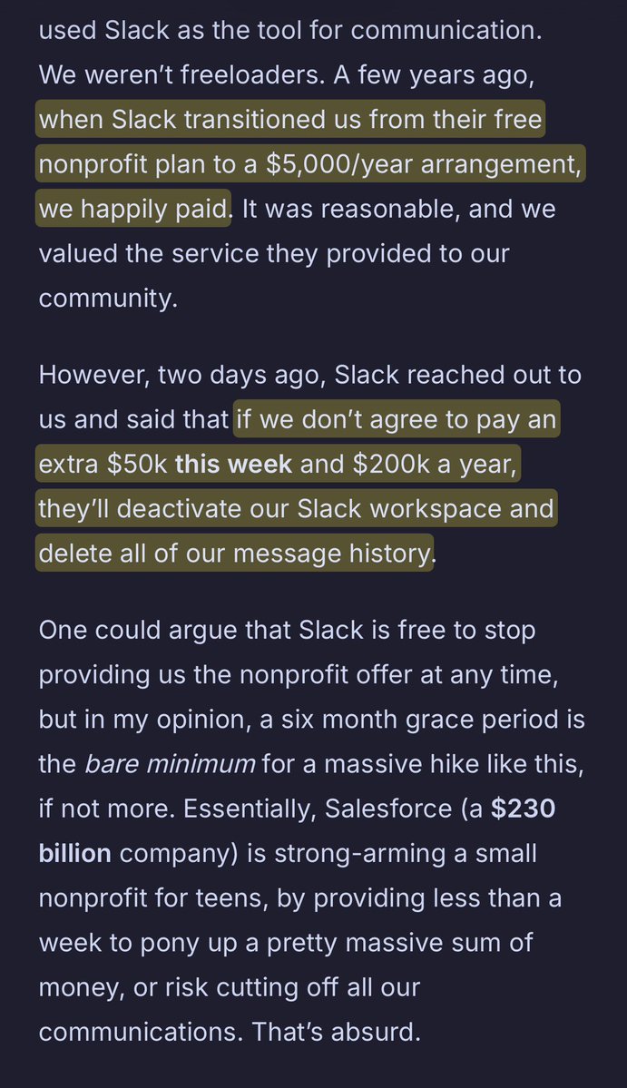 kepano's tweet image. Today in ransomware, @SlackHQ increases pricing by $195k with a week's notice for a non-profit that teaches teenagers how to code