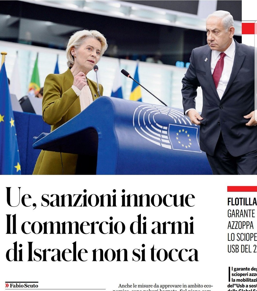 Dopo 2anni di #GENOCIDIO 
Le sanzioni annunciate dalla Commissione non toccano le armi. 
Urge un embargo d’armi totale e la sospensione degli accordi commerciali con Israele.
Da europeista sono disgustata dal collasso morale, oltre che del fallimento politico dei vertici dell’UE.