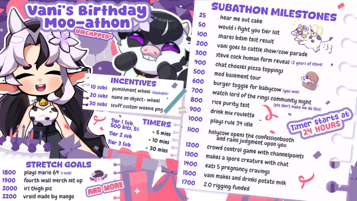 IT IS HAPPENING!!! 🐮🐮🐮
MOO-ATHON IS TOMORROW!!!

celebrate multiple milestones with me!
3 years of streaming 3 years affiliate, 
5k follower and my Birthday! 🎉🎉🎉

→ timer starts with 24 hours
→ Uncapped (for now)
→ timer and stream pause when i sleep or have a break