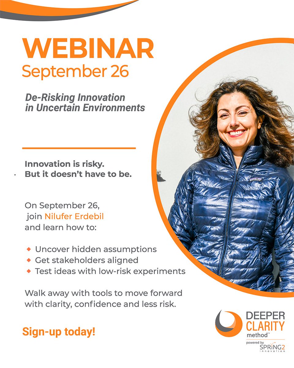 Spring2Inno's tweet image. Webinar September 26: ‘De-Risking Innovation in Uncertain Environments’
Perfect for anyone in strategy, service design, policy or delivery.
Sign Up Today—zurl.co/KjtMm
#WebinarAlert #Spring2Innovation #DeeperClarityMethod