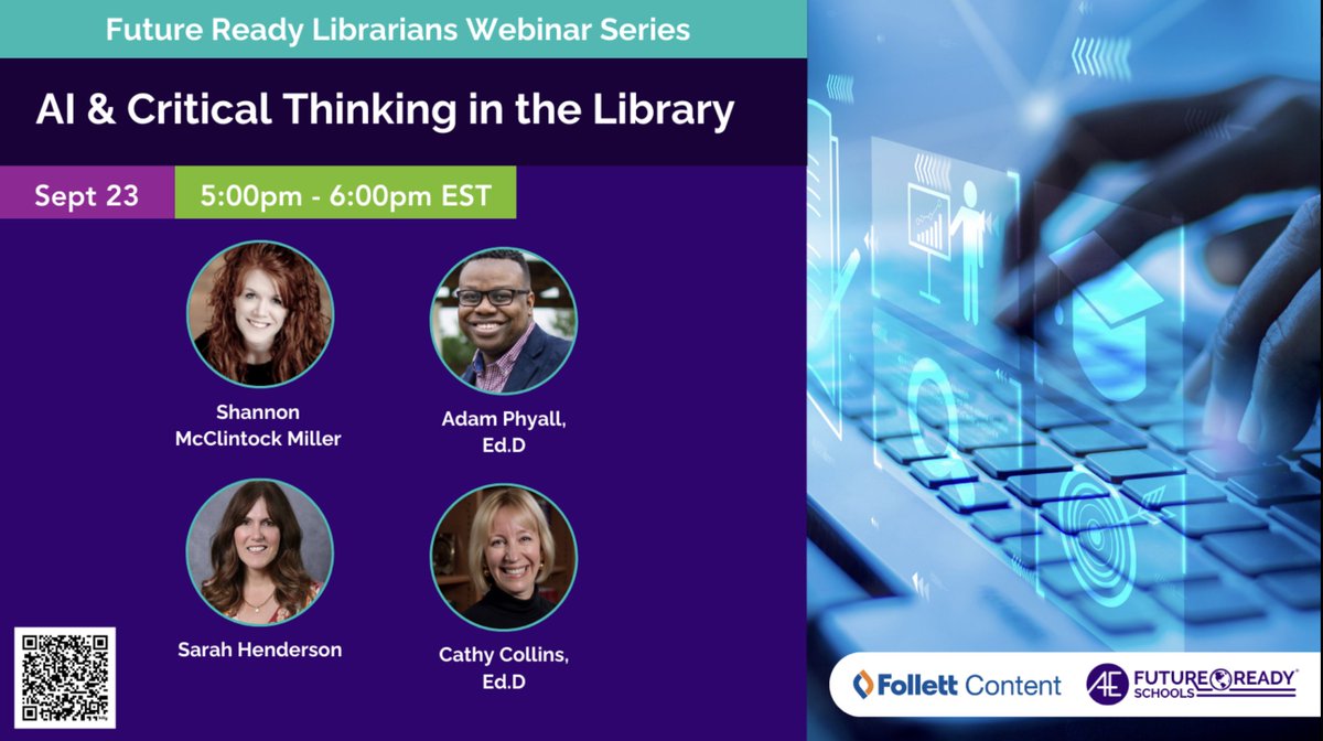 shannonmmiller's tweet image. Join us next week on September 23 for our NEW #FutureReadyLibs webinar, AI and Critical Thinking in the Library. 🥳
Everyone who registers will receive the recordings and resources after the webinar, too. 
Register here, friends. ➡️buff.ly/UE01799
#tlchat #futureready…