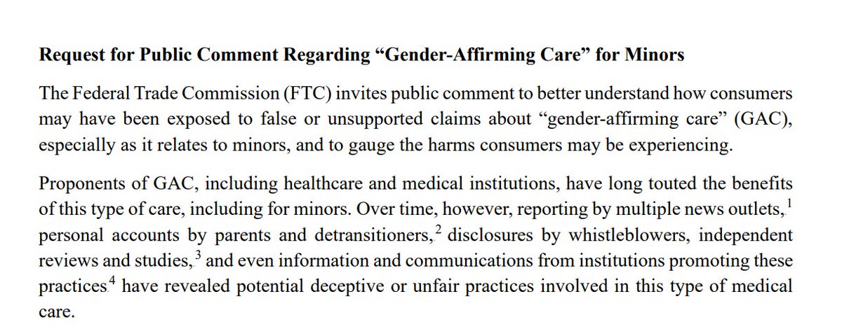 KiwiFarmsDotNet's tweet photo. The FTC seeks public comments on "gender-affirming care" for minors, especially from those directly affected by it. The Federal Register acceptsd these comments to help inform regulations. The FTC could ban advertising GAC as "safe" and "effective".

https://t.co/tj2NUTEmUY https://t.co/GildG71uUq