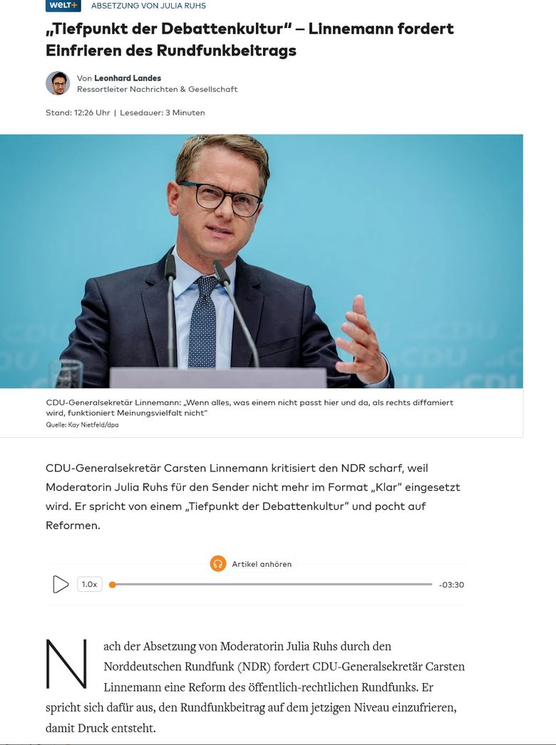 Jeden Tag wandert die Union tiefer in den antidemokratischen, autoritären Sumpf. Heute fordert CDU-Generalsekretär Linnemann das Einfrieren des Rundfunkbeitrags zur Disziplinierung von ARD und ZDF. Das ist ein Frontalangriff auf den ÖRR, wie er auch von der AfD kommen könnte.