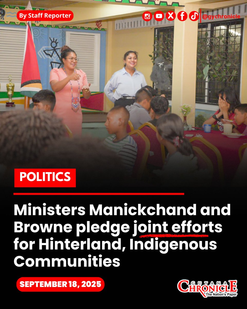 Guyana Chronicle (@gychronicle) on Twitter photo MINISTER Priya Manickchand, on Tuesday evening, formally introduced the Minister of Amerindian Affairs, Sarah Browne, to students residing in the hinterland dormitories at Liliendaal.
READ  HERE ➡️ guyanachronicle.com/2025/09/18/min…
#Guyana #News #GuyanaChronicle #Trending #GuyanaNews MINISTER Priya Manickchand, on Tuesday evening, formally introduced the Minister of Amerindian Affairs, Sarah Browne, to students residing in the hinterland dormitories at Liliendaal.
READ  HERE ➡️ guyanachronicle.com/2025/09/18/min…
#Guyana #News #GuyanaChronicle #Trending #GuyanaNews