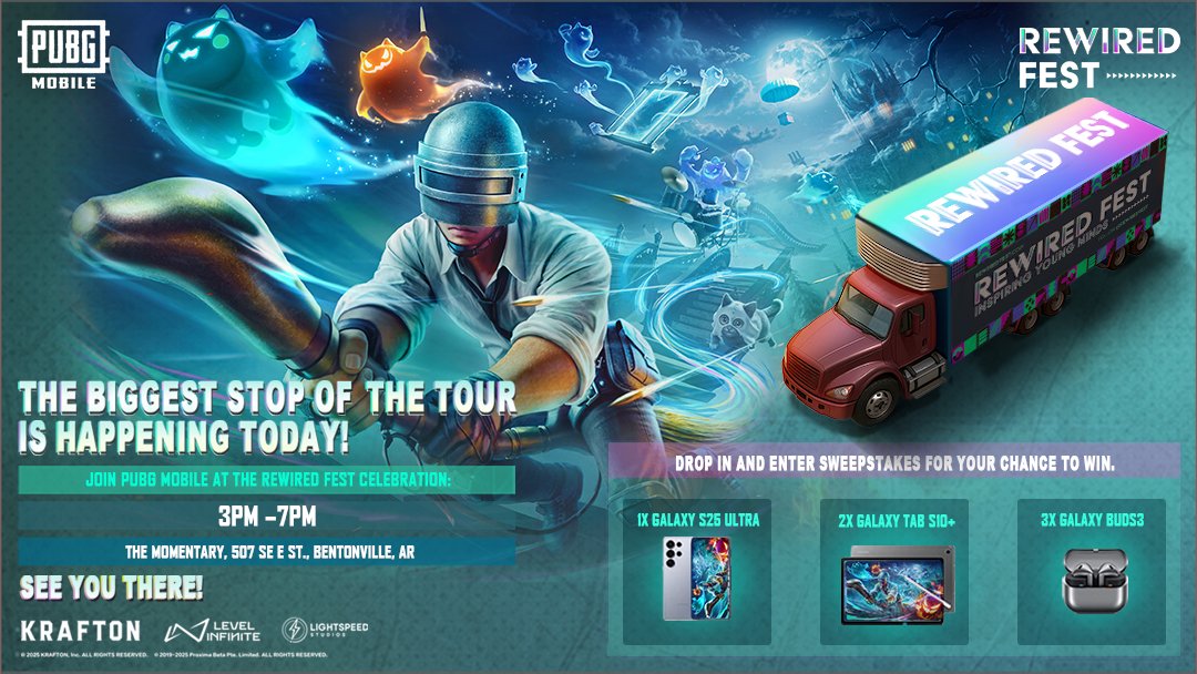 Bentonville, gear up. PUBG MOBILE is at <a href="/rewiredfest/">ReWired Fest</a> today.

First 300 guests score a special surprise. Claim in-game rewards, enter Samsung Galaxy sweeps, and meet <a href="/BellaFoxGaming/">Bella Fox 🤌🏽</a> IRL.
📸 Lone Survivor is here too, stop by for a photo.

#PUBGMOBILE #ReWiredFest