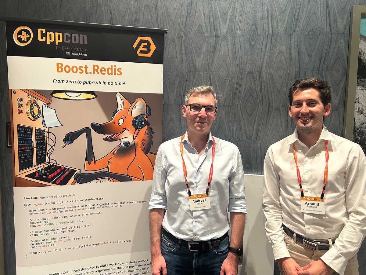 Boost_Libraries's tweet image. @Andreas__Fertig  and Arnaud Becheler at #CppCon...Where Boost.Redis turns “networking” into “net working.”