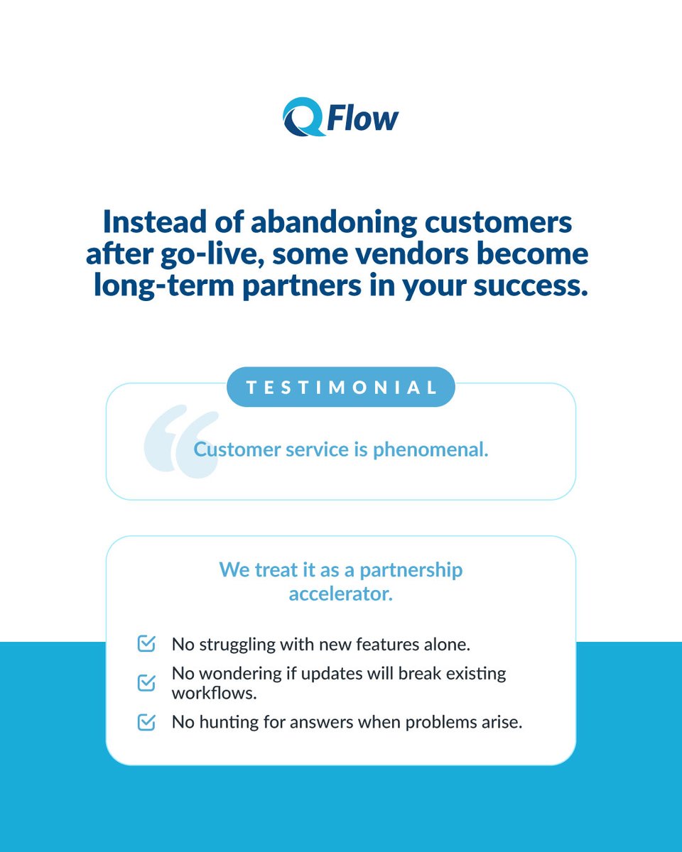 qflowsystems's tweet image. “Customer service is phenomenal.” How often do you hear that about software vendors?

At QFlow, support doesn’t end after go-live. We’re in it for the long haul, helping you get the most from every update.

When’s the last time a vendor checked in on you?