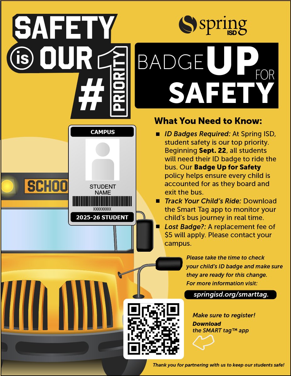 SpringISD's tweet image. Beginning September 22, student badges will be required to board the bus. Thank you for helping us keep our buses safe and our students prepared each morning! 💛🚌 @SISD_CoA