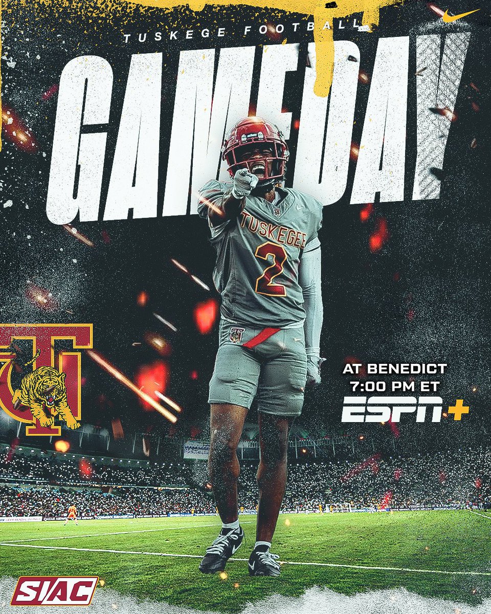 SkegeeFootball's tweet image. The lights are on, the stage is set. ✨
Tuskegee vs. Benedict. Tonight on ESPN+ at 7 PM ET.

#SkegeeFB l #MyTUAthletics l #SIAC l #BeatBC