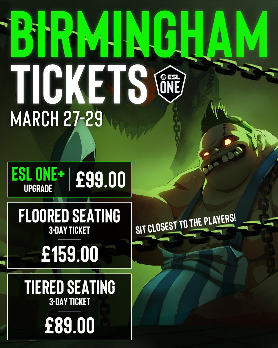 #ESLOne Birmingham returns in 2026! 🤩

⚔️ 16 incredible Dota teams
💰 $1,000,000 on the line
🏟️ 27th - 29th March @ the bp pulse LIVE arena
🎟️ Live on 23rd September

Whet your stones and clear the choppin' block - the Butcher's in business! 🍽️

More info: