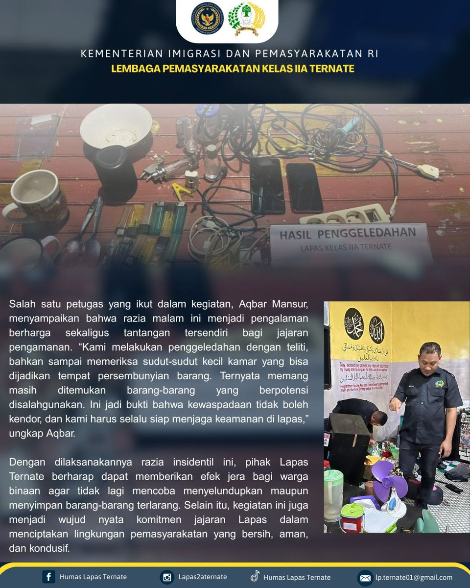lapasternate's tweet photo. Bersih-bersih Halinar, Lapas Ternate Gelar Razia Insidentil

#kemenimipas #agusandrianto #lapasternate https://t.co/VGhxSbRian